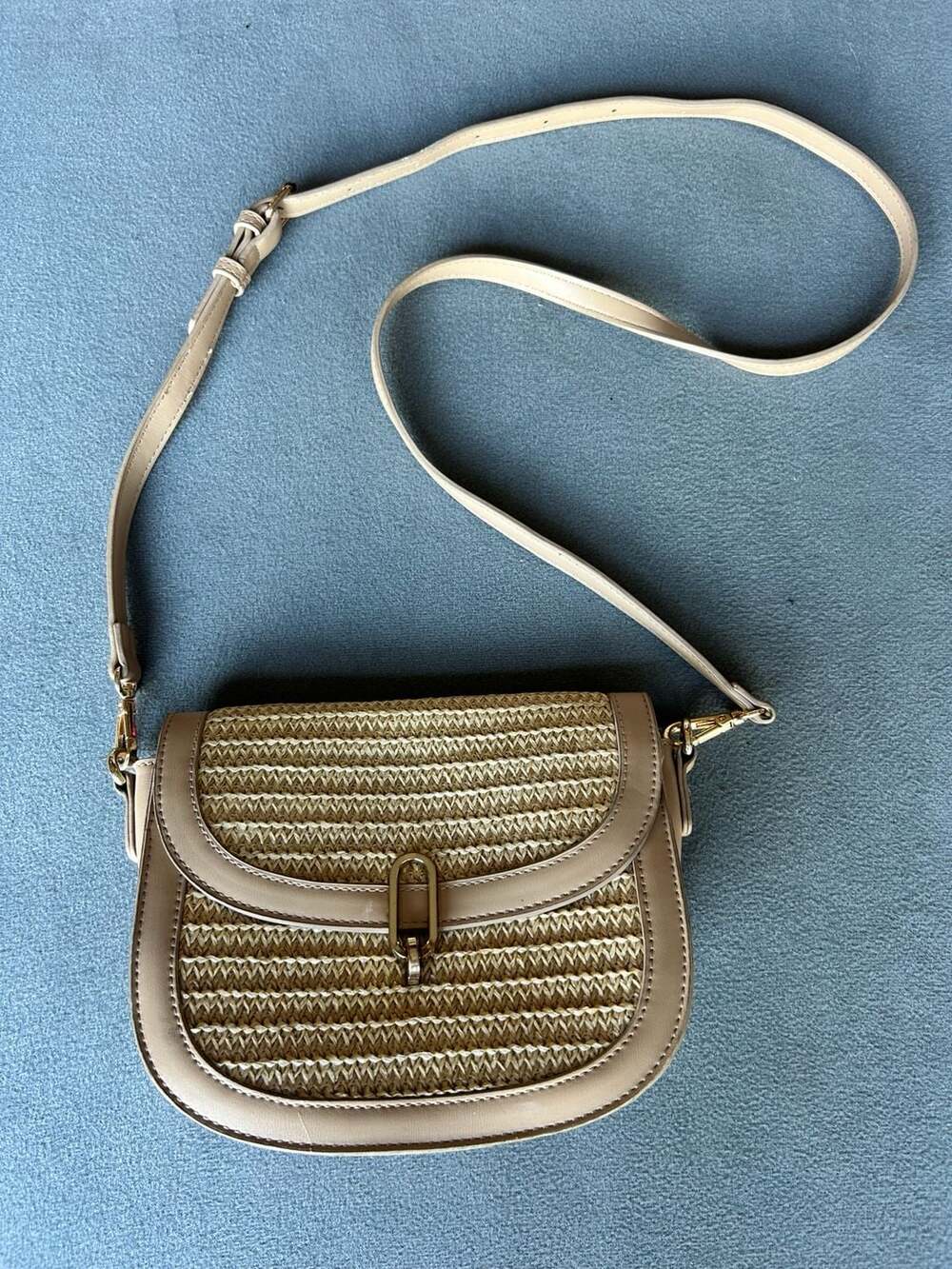 Miztique Woven Straw and Faux Leather Crossbody Bag with Gold Hardware